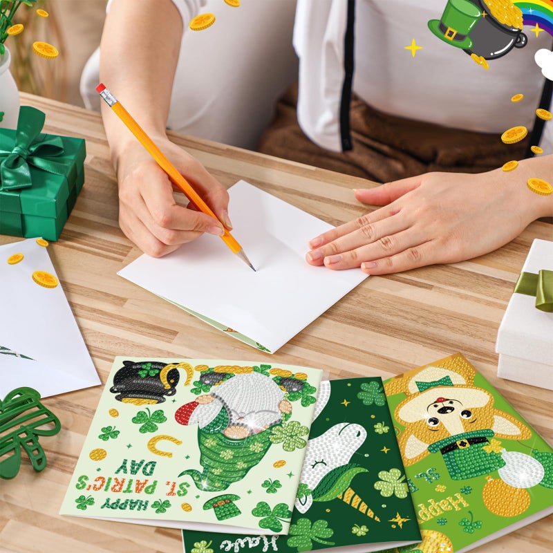 Saillong 12 Pack St Patrick's Day Diamond Painting Greeting Card Kits Green Shamrock Diamond Art Cards with Envelopes 5D Rhinestones Painting Making Kit for Adults DIY Craft Family Friend Holiday Gift - Image 2