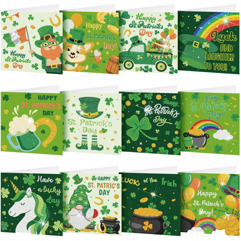 Saillong 12 Pack St Patrick's Day Diamond Painting Greeting Card Kits Green Shamrock Diamond Art Cards with Envelopes 5D Rhinestones Painting Making Kit for Adults DIY Craft Family Friend Holiday Gift - Image 1