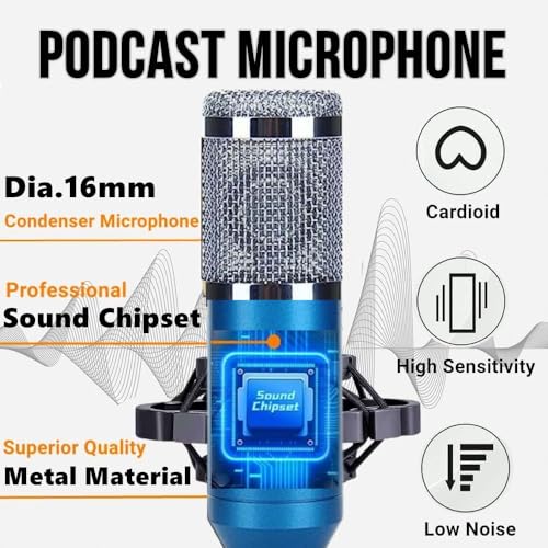 TECHBLAZE Condenser Microphone Recording All Mic Set kit with Boom Arm Stand, pop Filter & USB Sound Card for BM 800 Studio mic Singing, Podcast Mike, Gaming, Voice Over, Streaming, YouTube (Blue) - Image 2