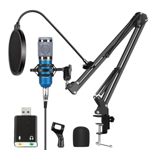 TECHBLAZE Condenser Microphone Recording All Mic Set kit with Boom Arm Stand, pop Filter & USB Sound Card for BM 800 Studio mic Singing, Podcast Mike, Gaming, Voice Over, Streaming, YouTube (Blue) - Image 1