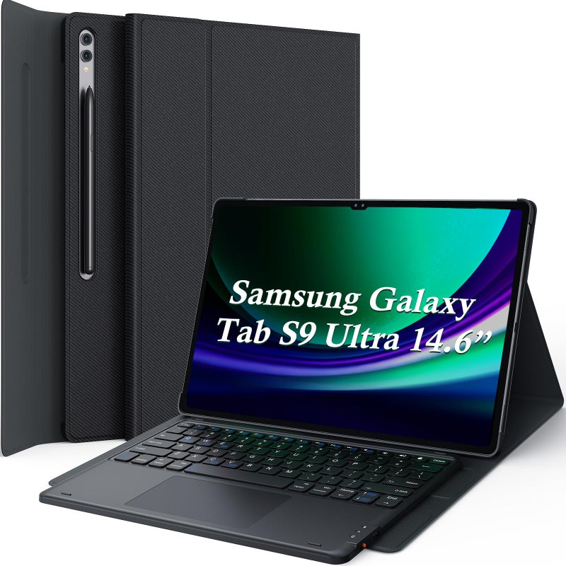GreenLaw جراب GreenLaw لجهاز Galaxy Tab S9 Ultra مع لوحة مفاتيح، لوحة لمس ذكية، قابلة للفصل مغناطيسياً، جراب كمبيوتر مع حامل قلم S لجهاز Samsung Galaxy Tab S9 Ultra 14.6 بوصة (SM-X910، SM-X916B)، أسود - Image 1