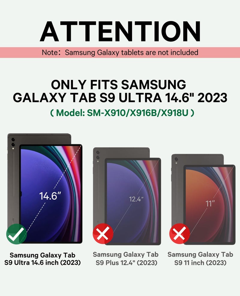 GreenLaw جراب GreenLaw لجهاز Galaxy Tab S9 Ultra مع لوحة مفاتيح، لوحة لمس ذكية، قابلة للفصل مغناطيسياً، جراب كمبيوتر مع حامل قلم S لجهاز Samsung Galaxy Tab S9 Ultra 14.6 بوصة (SM-X910، SM-X916B)، أسود - Image 2
