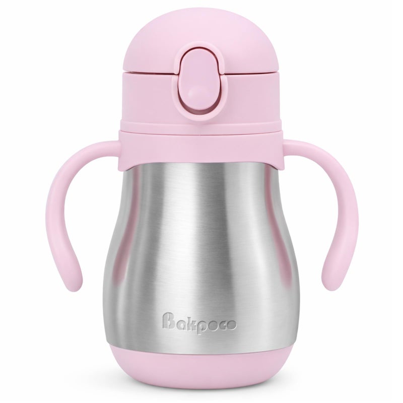 Bakpoco Stainless Steel Sippy Straw Cup for Toddlers 1-3 Years Old, Insulated Toddler Water Bottle Baby Training Tumbler with Handles, 8oz Kids Straw Cups for Travel, Daycare & At Home, Pink - Image 1