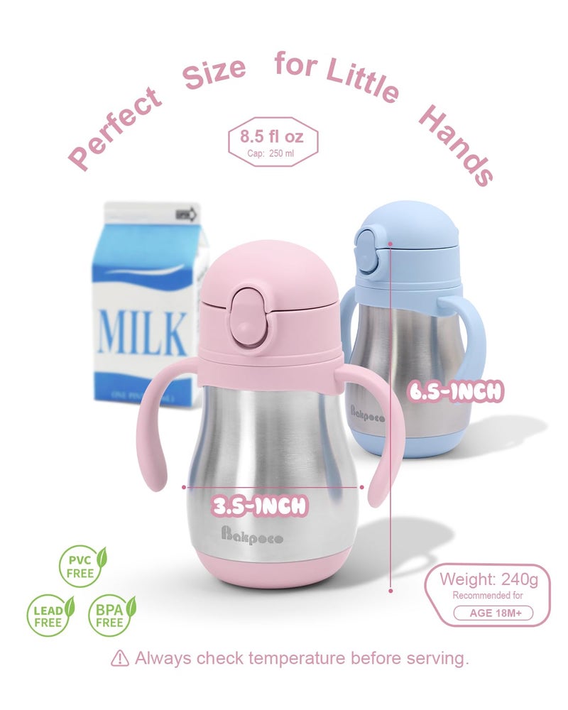 Bakpoco Stainless Steel Sippy Straw Cup for Toddlers 1-3 Years Old, Insulated Toddler Water Bottle Baby Training Tumbler with Handles, 8oz Kids Straw Cups for Travel, Daycare & At Home, Pink - Image 5