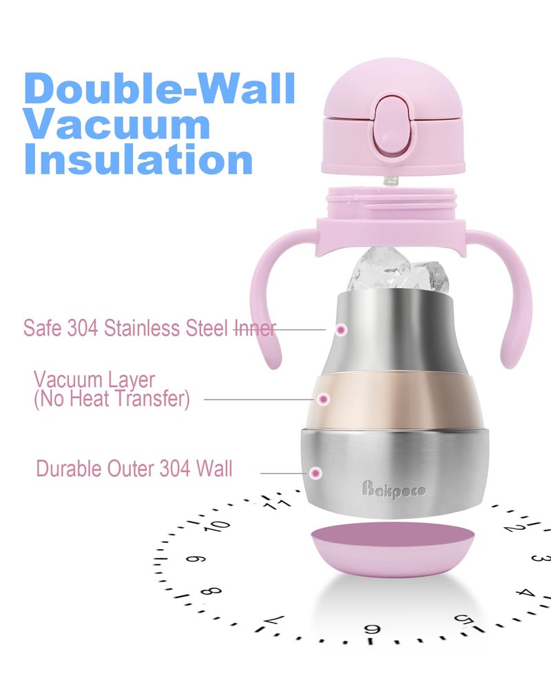 Bakpoco Stainless Steel Sippy Straw Cup for Toddlers 1-3 Years Old, Insulated Toddler Water Bottle Baby Training Tumbler with Handles, 8oz Kids Straw Cups for Travel, Daycare & At Home, Pink - Image 3