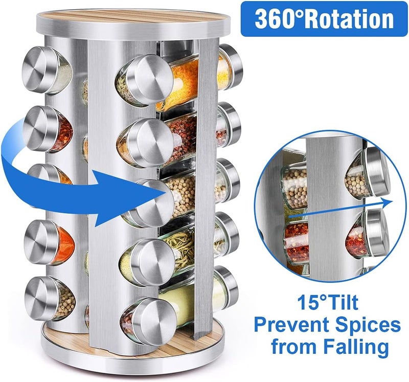 CANTAMI Spice Rack Organizer with Jars for Cabinet (20Pcs) Revolving/Rotating Seasoning Organizer, Stainless Steel/Wooden Countertop Rack Tower Organizer for Kitchen Pantry with Reusable Labels/Funnel/Brushes - Image 3