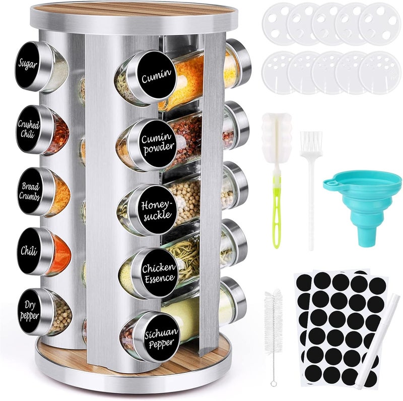 CANTAMI Spice Rack Organizer with Jars for Cabinet (20Pcs) Revolving/Rotating Seasoning Organizer, Stainless Steel/Wooden Countertop Rack Tower Organizer for Kitchen Pantry with Reusable Labels/Funnel/Brushes - Image 1