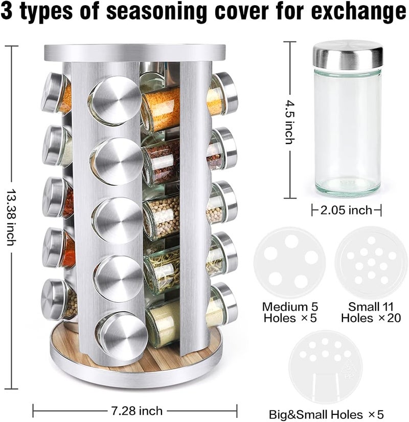 CANTAMI Spice Rack Organizer with Jars for Cabinet (20Pcs) Revolving/Rotating Seasoning Organizer, Stainless Steel/Wooden Countertop Rack Tower Organizer for Kitchen Pantry with Reusable Labels/Funnel/Brushes - Image 2