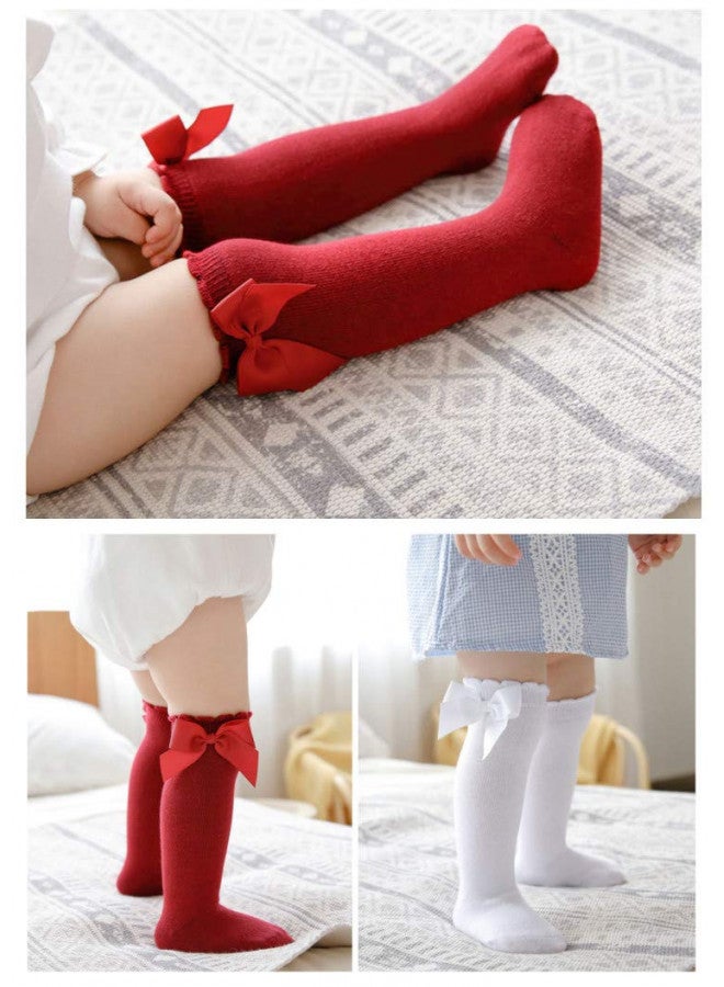 كاند سويت QandSweet Baby Girl Knee-High Socks Toddlers Bow Stockings Newborn Infant Sock (0-12 Months, Solid Colors) - Image 1