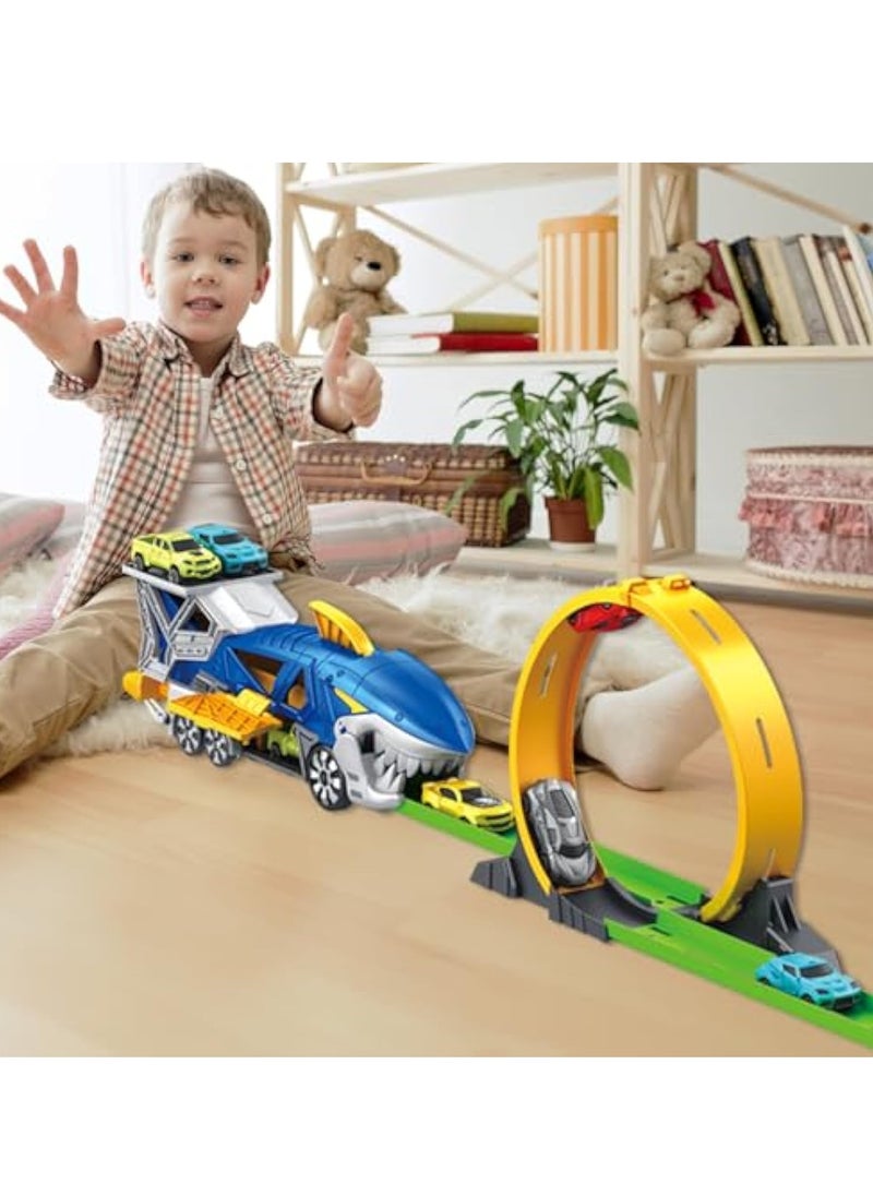 KASTWAVE 7Pcs Shark Toy Car Track Set, Loop and Launcher Race Car Toys, Ultimate Hauler Track Toy, Shark Toys Carrier Vehicle, Shark Deformation Track Ejection Car Toy, Truck Gifts for 3 Plus Year Old Boy Toys  - Image 4