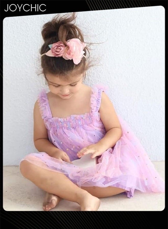 Joychic فستان صيفي للبنات بأكتاف مكشوفة مع طيات أكورديون وزخرفة كورساج من الترتر والشبك المنفوش - Image 1