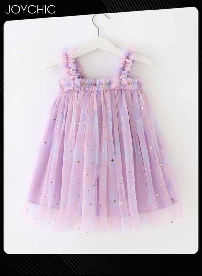 Joychic فستان صيفي للبنات بأكتاف مكشوفة مع طيات أكورديون وزخرفة كورساج من الترتر والشبك المنفوش - Image 2