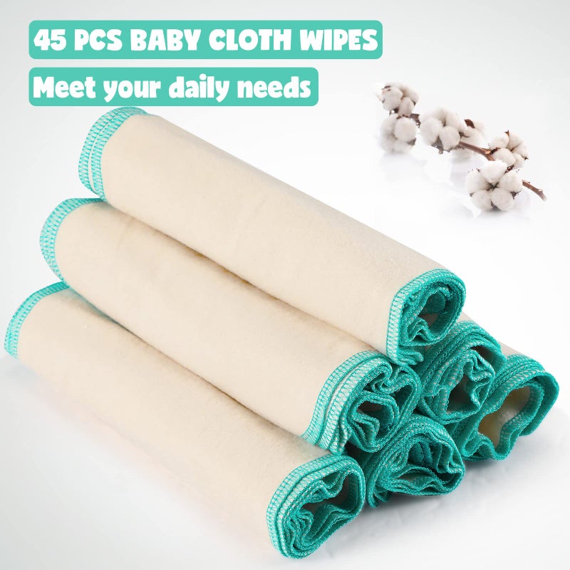 meekoo 45 Pcs Unbleached Flannel Cloth Baby Wipes Reusable Baby Diapers Wipes 8 x 8 Inch Soft and Sturdy Washable Natural Cloth Tissues Outer Stitching(Blue) - Image 3