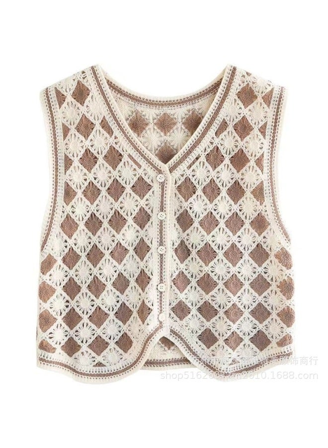 Vintage New Flower Hollow-out Knitted Women's Blouse But Vest Women's Spring Thin Loose Short Outer Wear Top Trendy