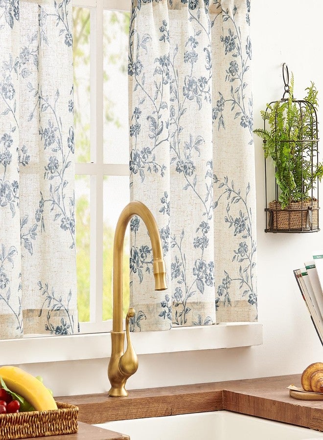 jinchan Linen Kitchen Curtains 36 Inch Floral Tier Curtains Farmhouse Small Drapes Country Half Window Treatment Light Filtering for Living Room Laundry Room RV Rod Pocket 2 Panels Blue on Beige - Image 2