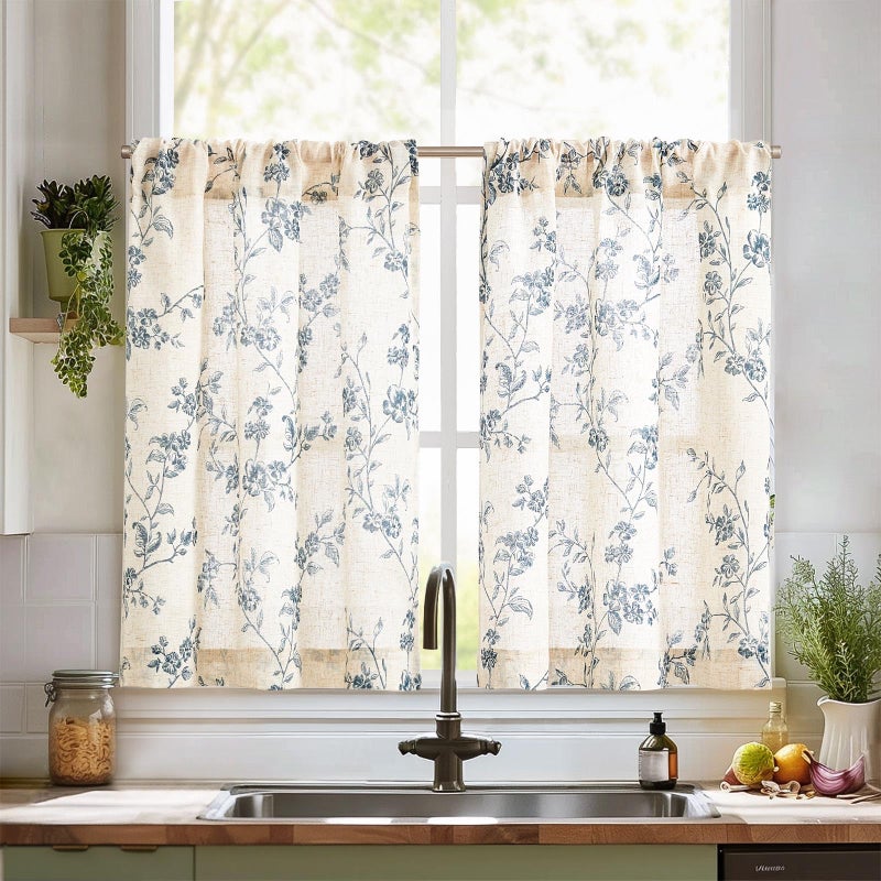 jinchan Linen Kitchen Curtains 36 Inch Floral Tier Curtains Farmhouse Small Drapes Country Half Window Treatment Light Filtering for Living Room Laundry Room RV Rod Pocket 2 Panels Blue on Beige - Image 1