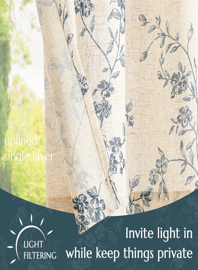 jinchan Linen Kitchen Curtains 36 Inch Floral Tier Curtains Farmhouse Small Drapes Country Half Window Treatment Light Filtering for Living Room Laundry Room RV Rod Pocket 2 Panels Blue on Beige - Image 4