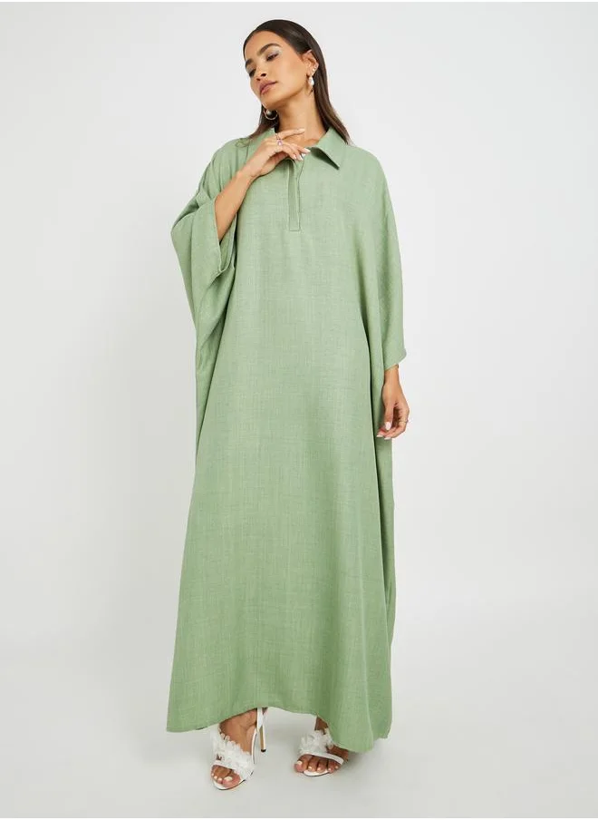 Styli Styli Plain Collared Half-Button Front Kaftan
