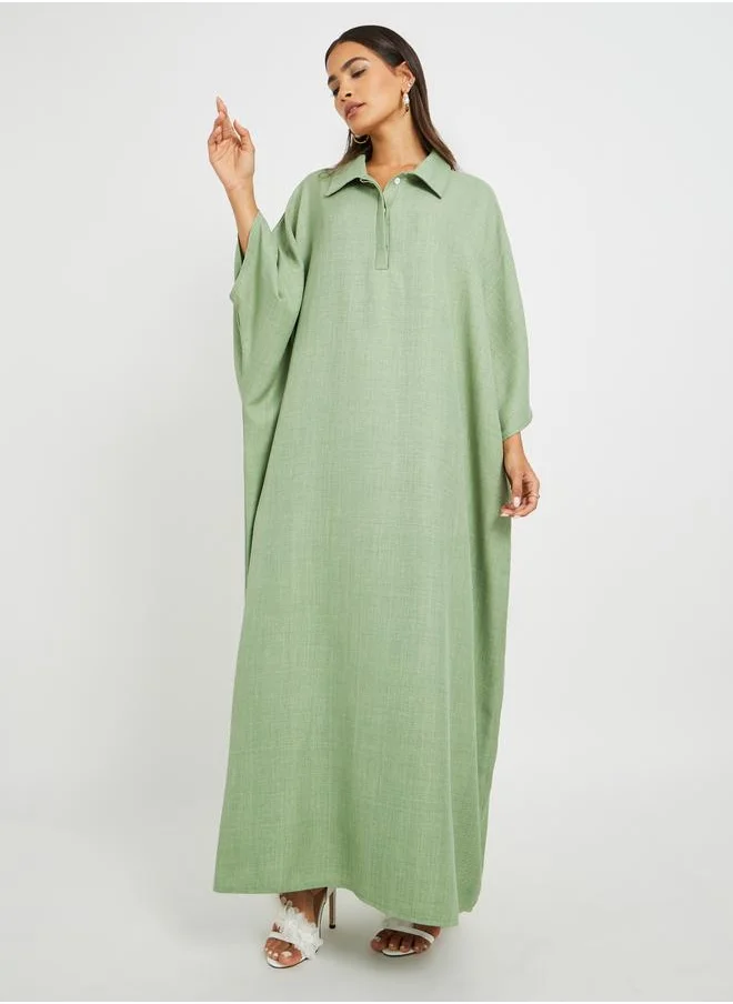 Styli Styli Plain Collared Half-Button Front Kaftan