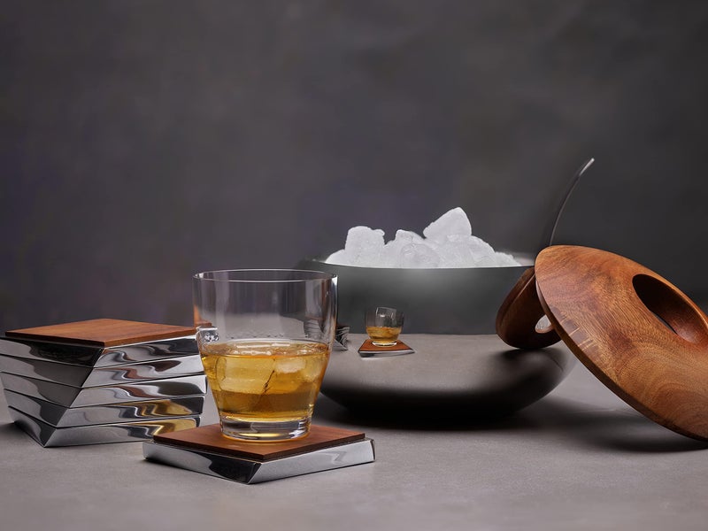 Nambe Wei Young Scoop Ice Bucket â€“ (9â€ x 5.7â€) Stainless Steel & Acacia Wood Lid with Resting Scoop â€“ Functional Sculpture Barware for Cocktails, Wine & Entertaining â€“ Modern Design - Image 4