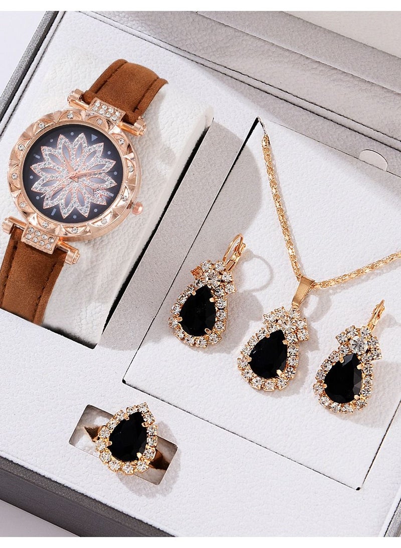 [2023 New Design]Ladies Watch Fashionable Women Quartz Diamond Wristwatch Classic Simple Watches Business Decoration Bangle Bracelet Necklace Ring Earring Girl Gift Set 