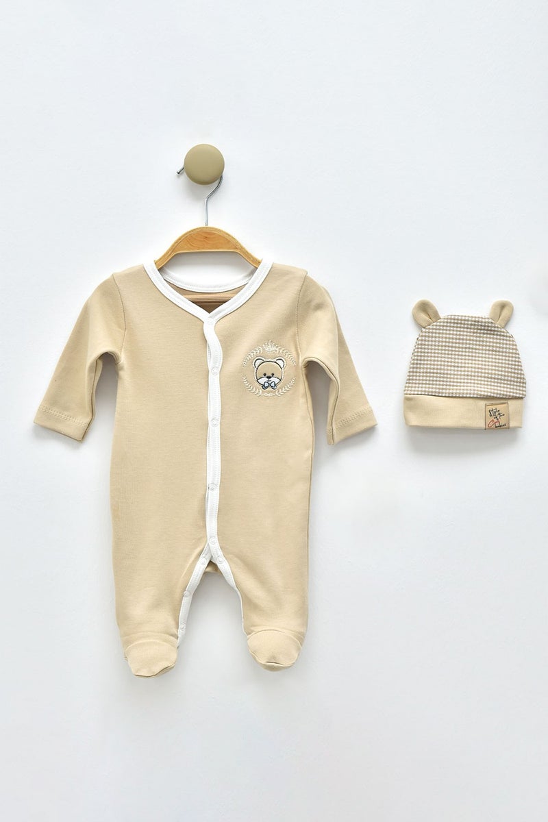 Modam Bebek Modam Baby Bow Tie Teddy Bear Embroidered Hat Front Snap Comfortable Baby Romper