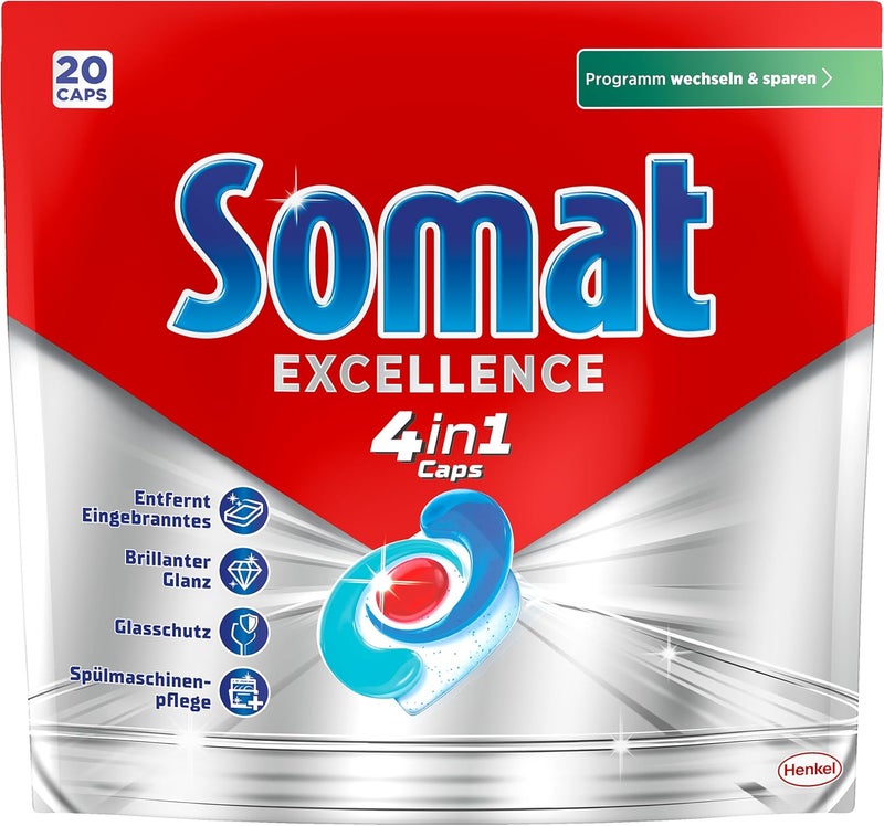 Somat Excellence 4-in-1 Caps (20 Caps), Quick Resolution Dishwasher Caps for Brilliant Shine Even in Low Temperature, Short & Eco Programs, Somat Caps Powerfully Remove Burnt On Food - Image 2