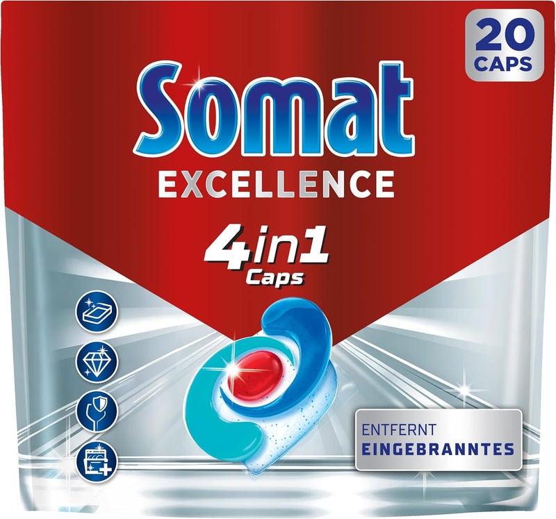Somat Excellence 4-in-1 Caps (20 Caps), Quick Resolution Dishwasher Caps for Brilliant Shine Even in Low Temperature, Short & Eco Programs, Somat Caps Powerfully Remove Burnt On Food - Image 1