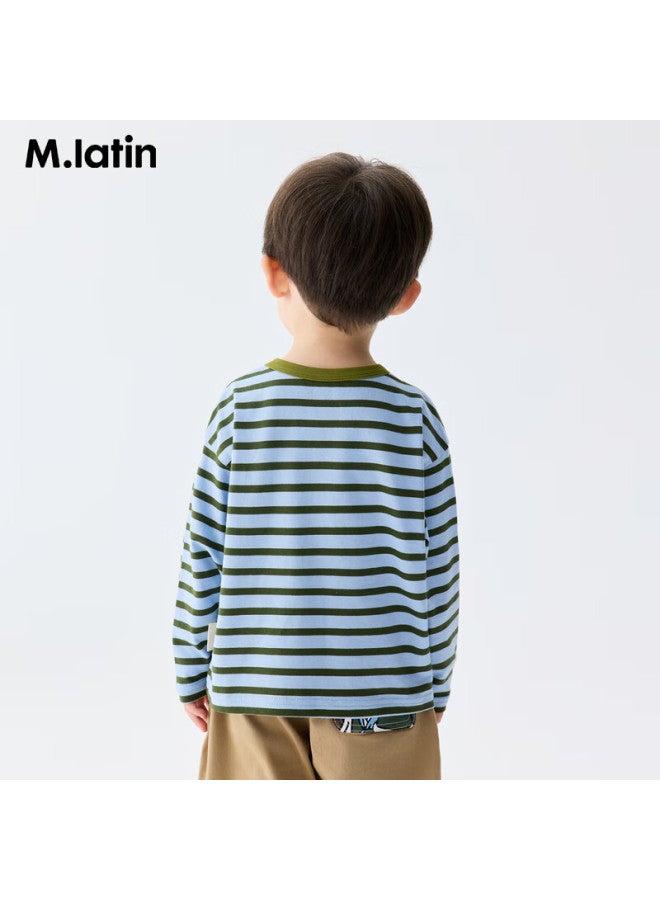 M.latin Ant Moving T Shirt Kids  Autumn New Striped Print Color-block Collar Long Sleeve T-shirt - Image 1
