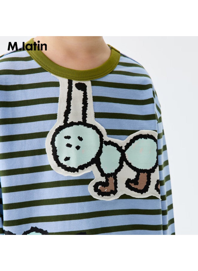 M.latin Ant Moving T Shirt Kids  Autumn New Striped Print Color-block Collar Long Sleeve T-shirt - Image 2