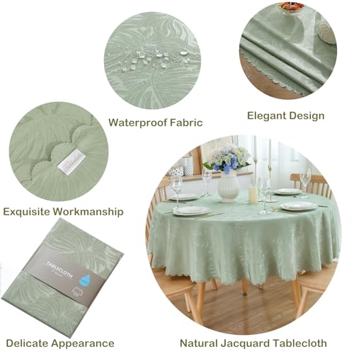EFFICINATURE Round Tablecloth 80 Inch Fabric Green Table Cloth Leaves Pattern Scalloped Edge Silky Soft Tablecloth Waterproof Washable Wrinkle Free Table Cover Dinning Outdoor Birthday Party Kitchen - Image 4