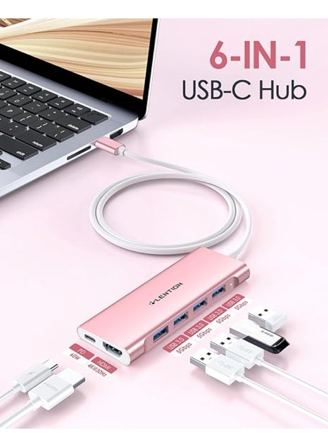 Lention LENTION 3.3FT Long Cable USB C Multiport Hub with 4K HDMI, 4 USB 3.0, Type C Charging Compatible 2023-2016 MacBook Pro, New Mac Air/iMac/Mac Mini, More, Stable Driver Adapter (C35-1M, Rose Gold)  - Image 1