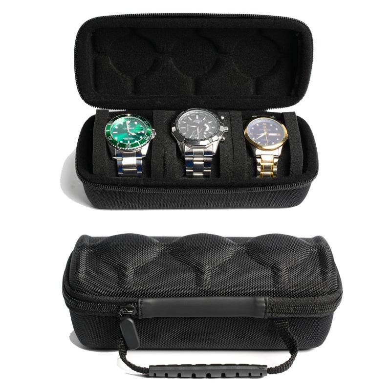 RIGICASE 3 watch travel case roll Hard watch carry case roll display storage organizer box for men and women with soft foam pillows snug fit all size watches up to 60mm face