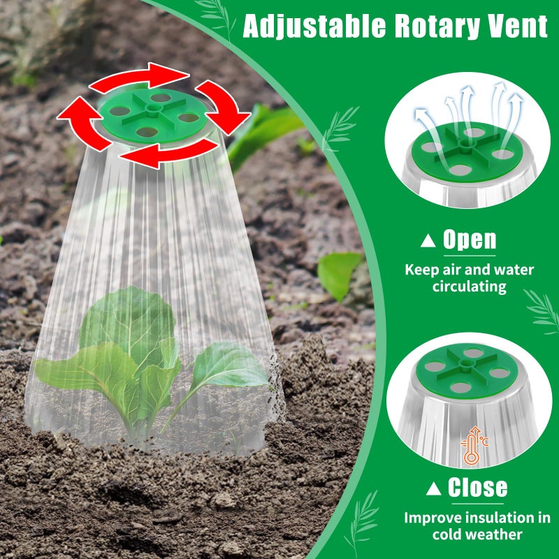 UQM 50 Pack Garden Cloches for Plants, Reusable Bell Plant Protector with Rotary Vent Cover, Garden Protection from Animals Snails Birds Chickens Insect, 9.44" H X 8.07" D (Clear) - Image 3