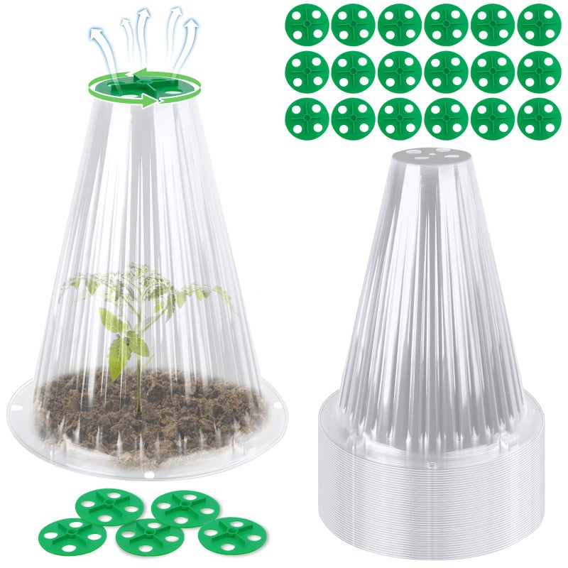 UQM 50 Pack Garden Cloches for Plants, Reusable Bell Plant Protector with Rotary Vent Cover, Garden Protection from Animals Snails Birds Chickens Insect, 9.44" H X 8.07" D (Clear) - Image 1