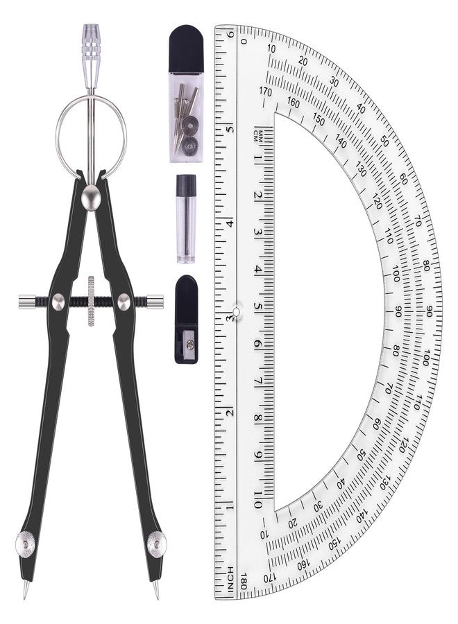 Unjoo Compass and Protractor Set, Professional Drawing Compass Tool, Metal Compass with Extra Refills, Compass for Geometry and 6 Inch Math Protractors 180 Degree (Black) - Image 1