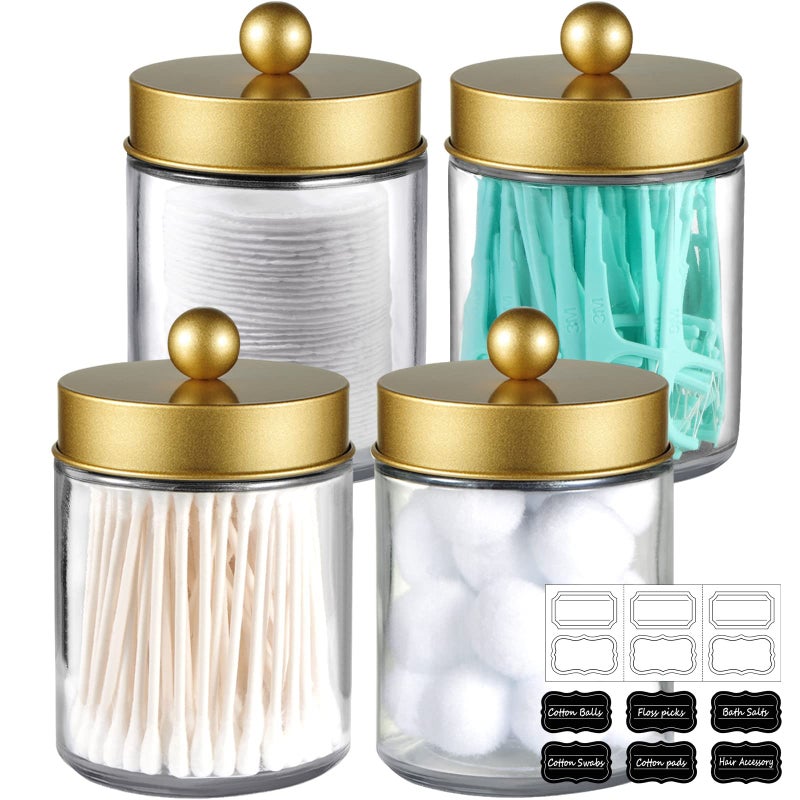 Amolliar 4 Pack Apothecary Jars Bathroom Vanity Storage Organizer Set -Countertop Canister with Stainless Steel Lids &Cute Stickers - Qtip Dispenser Holder for Qtips,Cotton Swabs,Makeup Sponges(Gold) - Image 1