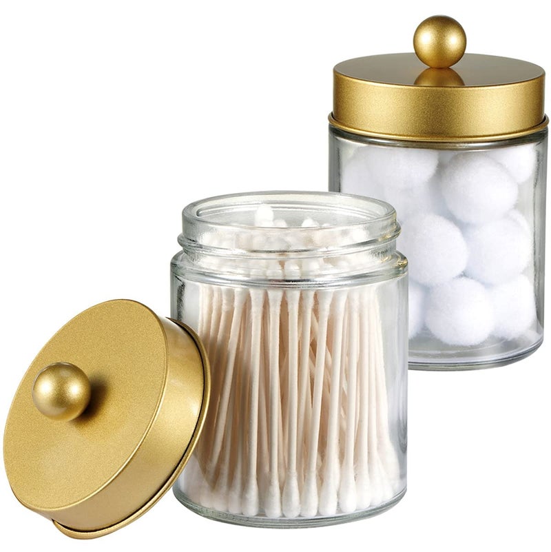 Amolliar 4 Pack Apothecary Jars Bathroom Vanity Storage Organizer Set -Countertop Canister with Stainless Steel Lids &Cute Stickers - Qtip Dispenser Holder for Qtips,Cotton Swabs,Makeup Sponges(Gold) - Image 3