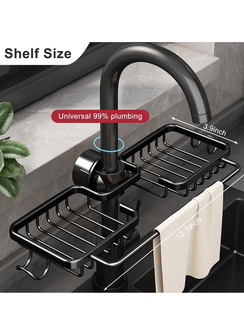 Faucet Rack, Aluminum Alloy Faucet Sponge Holder, Detachable Faucet Caddy Organizer for Kitchen & Bathroom, Double Kitchen Faucet Shelf for Holding Sponge/Soap/Shampoo/Rag (Black) - Image 2