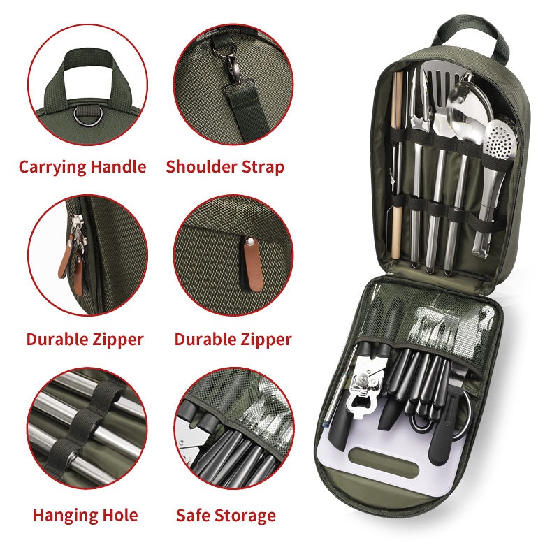 Freehiker Portable 27 Piece Camping Cookware Kit - Stainless Steel Grilling Utensils for Travel, Picnics, RVs, BBQs, Parties and More - Image 2