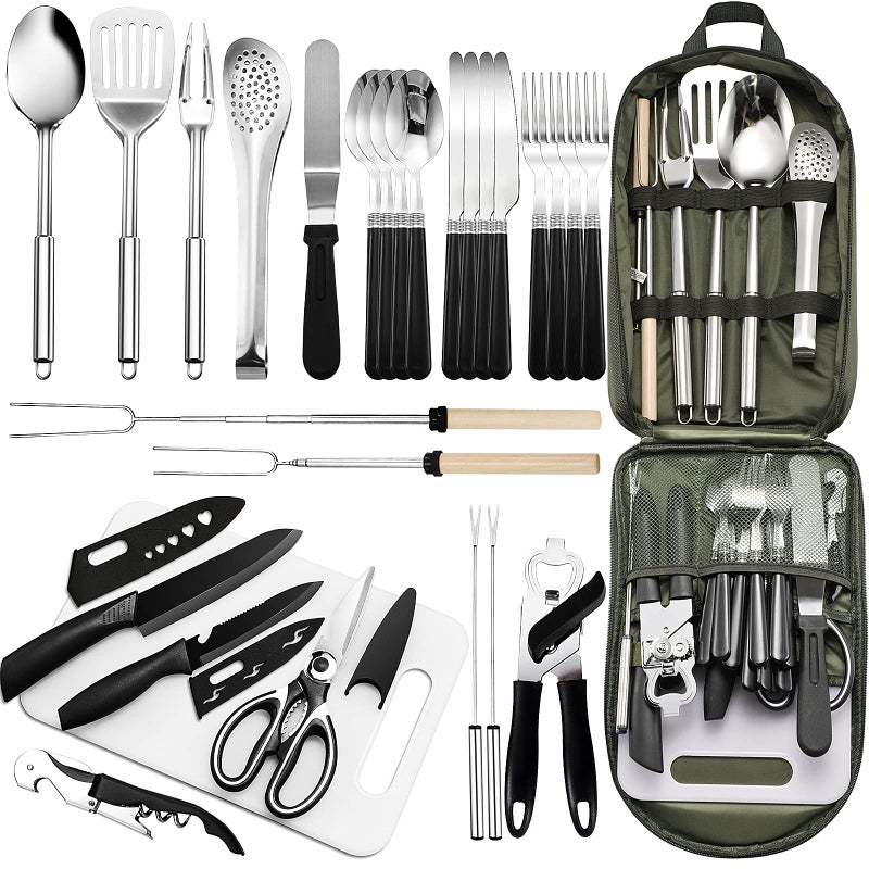 Freehiker Portable 27 Piece Camping Cookware Kit - Stainless Steel Grilling Utensils for Travel, Picnics, RVs, BBQs, Parties and More - Image 1