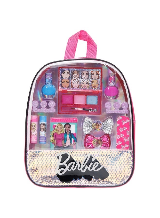 TOWNLEY GIRL Barbie - Townley Girl 15 Pcs Makeup Filled Backpack Cosmetic Gift Set with Mirror includes Lip Gloss, Nail Polish, Hair Bow & more! for Kids Girls, Ages 3+ perfect for Parties, Sleepovers & Makeovers  - Image 1