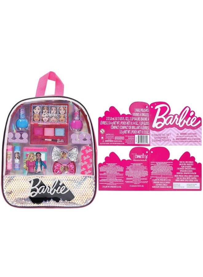 TOWNLEY GIRL Barbie - Townley Girl 15 Pcs Makeup Filled Backpack Cosmetic Gift Set with Mirror includes Lip Gloss, Nail Polish, Hair Bow & more! for Kids Girls, Ages 3+ perfect for Parties, Sleepovers & Makeovers  - Image 2