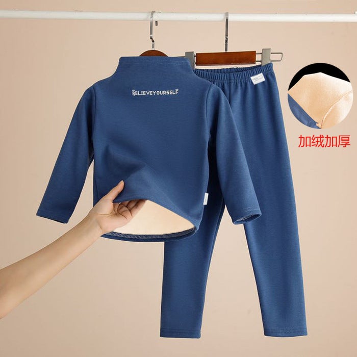 Childrens fleece-lined thickened turtleneck bottoming shirt suit winter boys and girls long johns underwear suit baby middle and big children Blue Suit