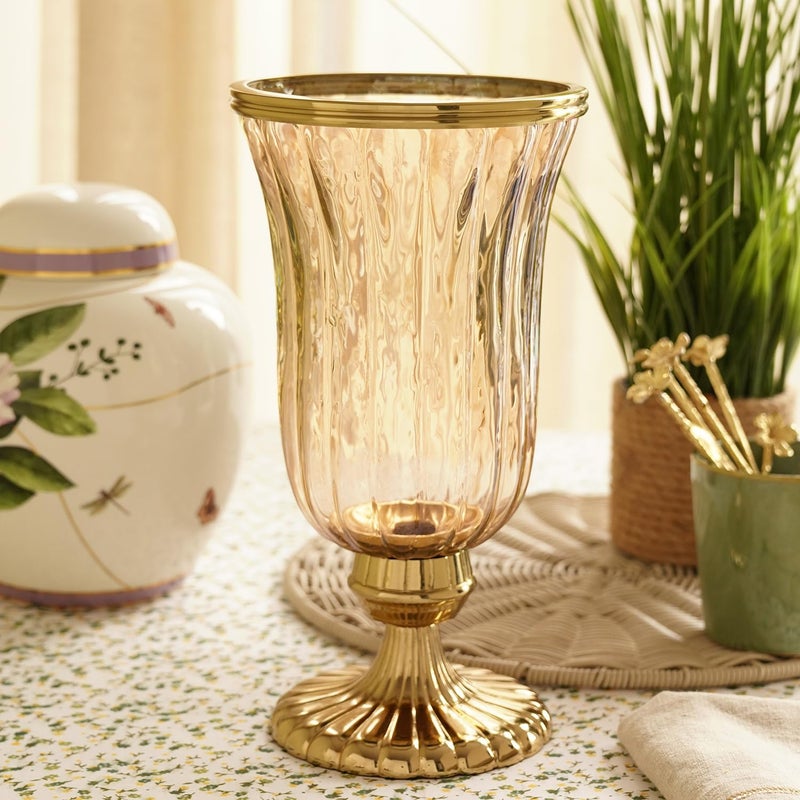 PURE HOME + LIVING Pure Home Living Gold Ribbed Hurricane with Short Stand Large  - Image 1