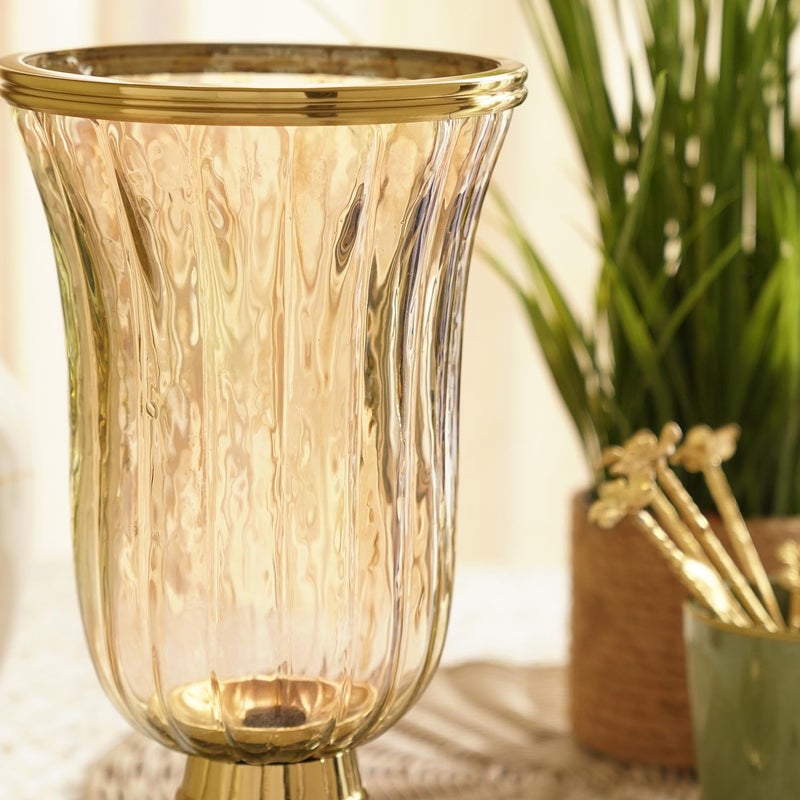 PURE HOME + LIVING Pure Home Living Gold Ribbed Hurricane with Short Stand Large  - Image 2