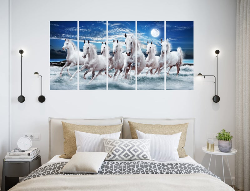 CN RETAILS Set Of 5 Scenery 3d Framed 7 Horse Wall Paintings For Living Room Vastu Big Size, Bedroom, Home Decoration, home Decor, Office (4FEET X 2 FEET) 2448_27 - Image 1