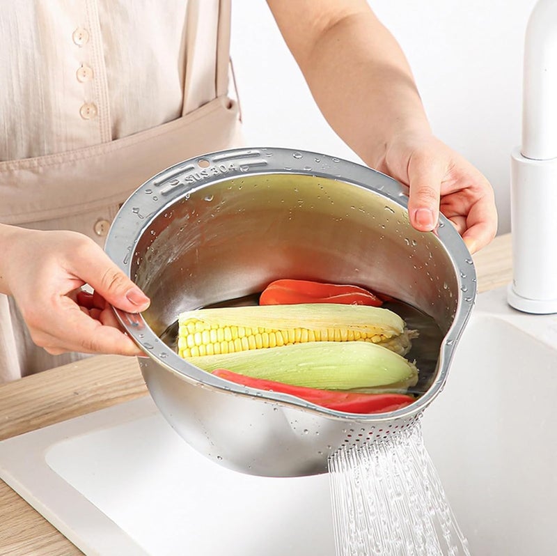 ONTRIP Ontrip Stainless Steel 304 Food Grade 3-in-1 Bowls Vegetables Rice Washer with Side Drain Bowls Colander Strainer Basket Ideal for Kitchen Tools Vegetables, Rice, Fruits - Image 2