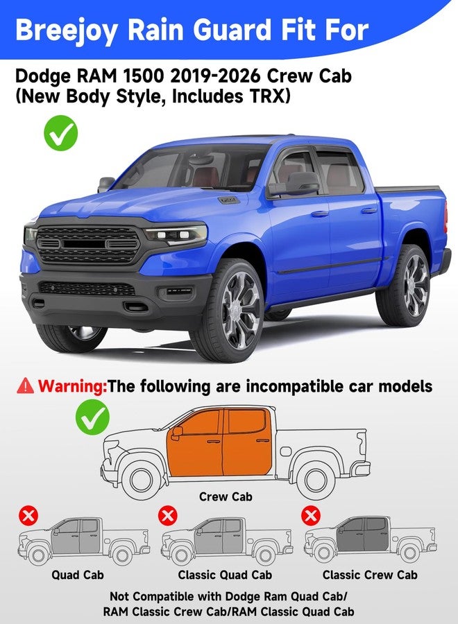 Breejoy in-Channel Window Visors Rain Guards for Dodge RAM 1500 2019-2026 Crew Cab - Image 4