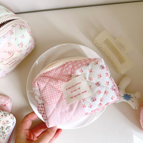 Sminra Small Quilted Makeup Pouch, Floral Cotton Cosmetic Bag for Purse, Cottagecore Zipper Pouch Organizer for Daily Essentials, Soft Mini Toiletry Pouch, Pink Floral-S - Image 2